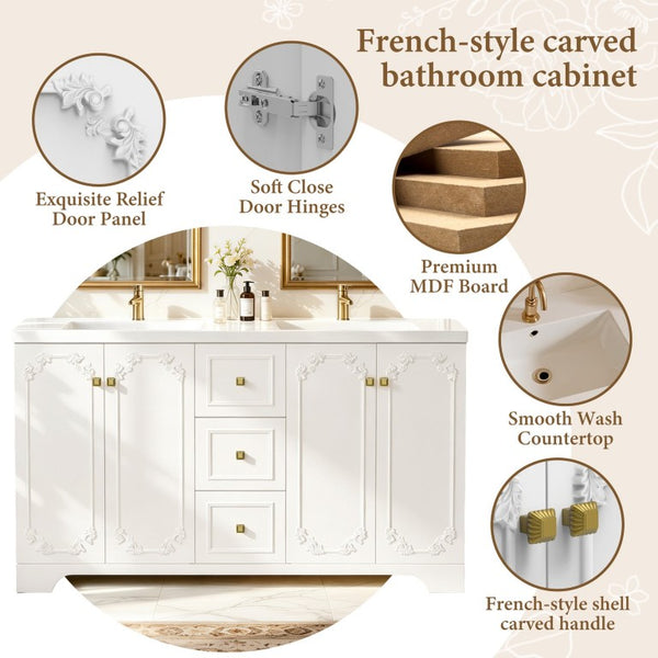 English Elm 60 Inch French Carved Bathroom Vanity Cabinet with Soft Close Doors and Gold Hardware W3133S00038