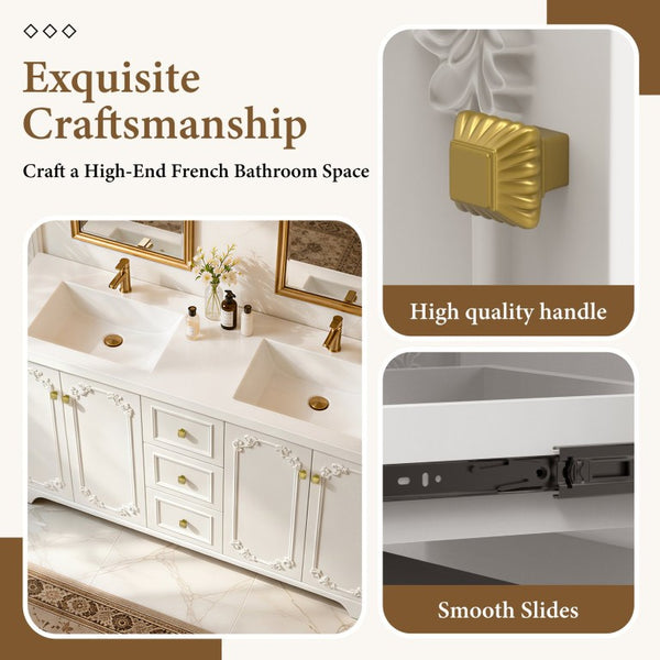 English Elm 60 Inch French Carved Bathroom Vanity Cabinet with Soft Close Doors and Gold Hardware W3133S00038