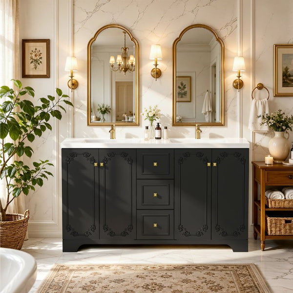 English Elm 60 Inch Black French Classical Bathroom Vanity Cabinet with Carved Floral Detail and Soft Close W3133S00039