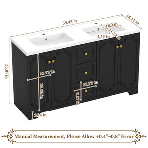 English Elm 60 Inch Black French Classical Bathroom Vanity Cabinet with Carved Floral Detail and Soft Close W3133S00039