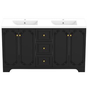 English Elm 60 Inch Black French Classical Bathroom Vanity Cabinet with Carved Floral Detail and Soft Close W3133S00039