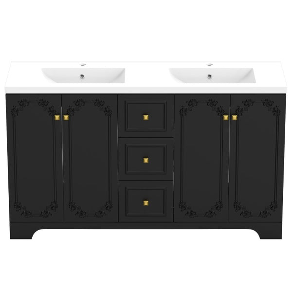 English Elm 60 Inch Black French Classical Bathroom Vanity Cabinet with Carved Floral Detail and Soft Close W3133S00039