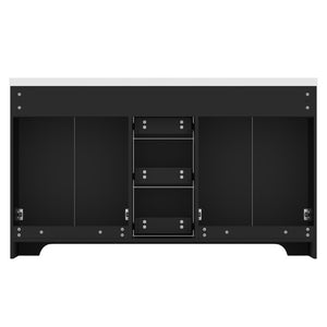English Elm 60 Inch Black French Classical Bathroom Vanity Cabinet with Carved Floral Detail and Soft Close W3133S00039