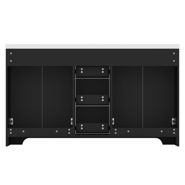 English Elm 60 Inch Black French Classical Bathroom Vanity Cabinet with Carved Floral Detail and Soft Close W3133S00039