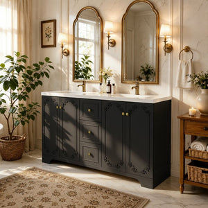 English Elm 60 Inch Black French Classical Bathroom Vanity Cabinet with Carved Floral Detail and Soft Close W3133S00039