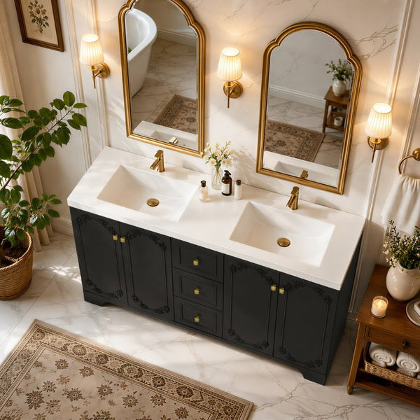 English Elm 60 Inch Black French Classical Bathroom Vanity Cabinet with Carved Floral Detail and Soft Close W3133S00039