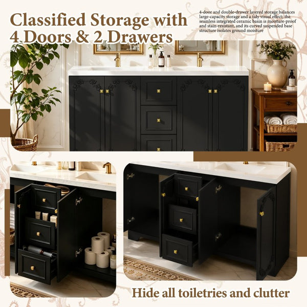 English Elm 60 Inch Black French Classical Bathroom Vanity Cabinet with Carved Floral Detail and Soft Close W3133S00039