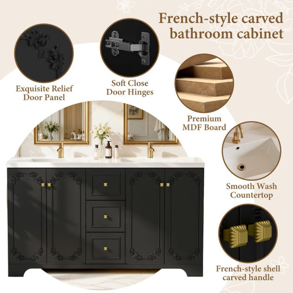 English Elm 60 Inch Black French Classical Bathroom Vanity Cabinet with Carved Floral Detail and Soft Close W3133S00039