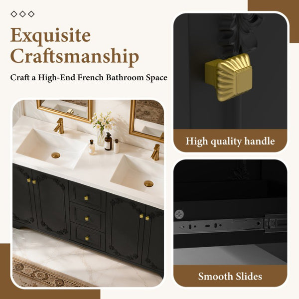 English Elm 60 Inch Black French Classical Bathroom Vanity Cabinet with Carved Floral Detail and Soft Close W3133S00039