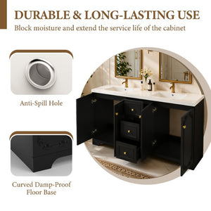 English Elm 60 Inch Black French Classical Bathroom Vanity Cabinet with Carved Floral Detail and Soft Close W3133S00039