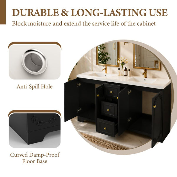 English Elm 60 Inch Black French Classical Bathroom Vanity Cabinet with Carved Floral Detail and Soft Close W3133S00039