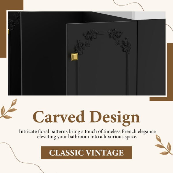 English Elm 60 Inch Black French Classical Bathroom Vanity Cabinet with Carved Floral Detail and Soft Close W3133S00039