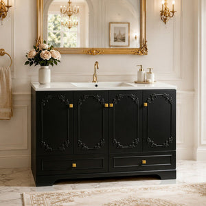 English Elm 48 Inch French Carved Bathroom Vanity with Floral Engravings Soft Close Doors Matte Black W3133S00040