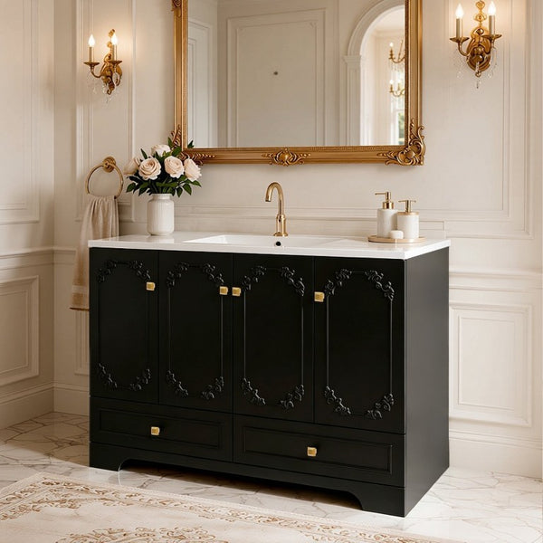 English Elm 48 Inch French Carved Bathroom Vanity with Floral Engravings Soft Close Doors Matte Black W3133S00040