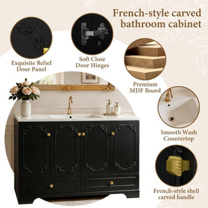English Elm 48 Inch French Carved Bathroom Vanity with Floral Engravings Soft Close Doors Matte Black W3133S00040