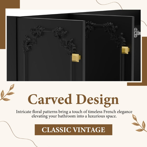 English Elm 48 Inch French Carved Bathroom Vanity with Floral Engravings Soft Close Doors Matte Black W3133S00040