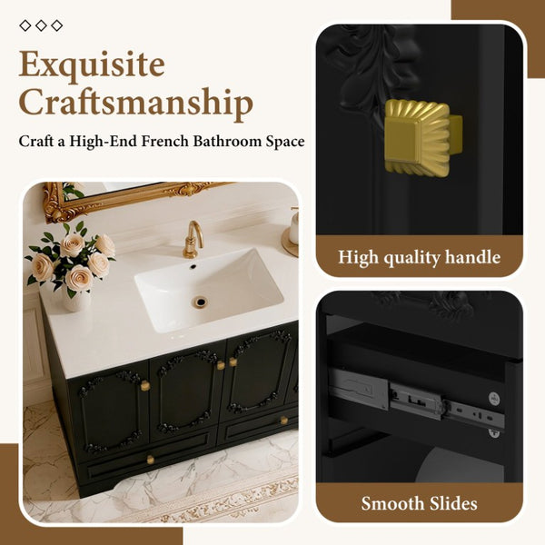 English Elm 48 Inch French Carved Bathroom Vanity with Floral Engravings Soft Close Doors Matte Black W3133S00040