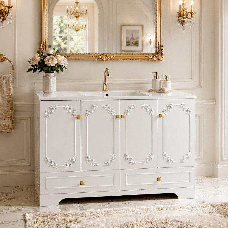 English Elm 48White French Carved Bathroom Vanity with Floral Engravings Gold Accents and Soft Close Storage W3133S00041