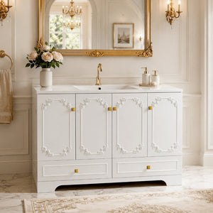 English Elm 48White French Carved Bathroom Vanity with Floral Engravings Gold Accents and Soft Close Storage W3133S00041