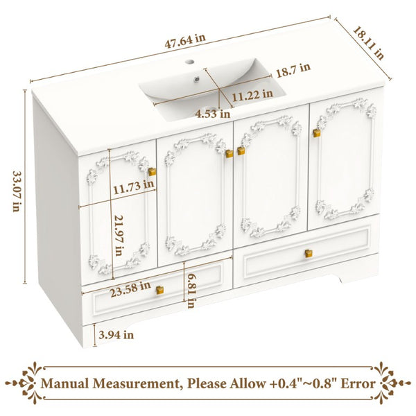 English Elm 48White French Carved Bathroom Vanity with Floral Engravings Gold Accents and Soft Close Storage W3133S00041