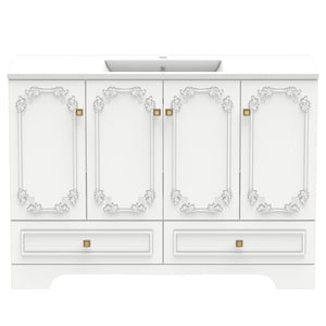 English Elm 48White French Carved Bathroom Vanity with Floral Engravings Gold Accents and Soft Close Storage W3133S00041