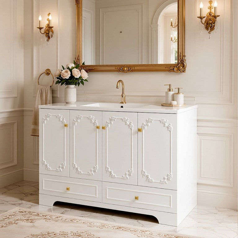 English Elm 48White French Carved Bathroom Vanity with Floral Engravings Gold Accents and Soft Close Storage W3133S00041