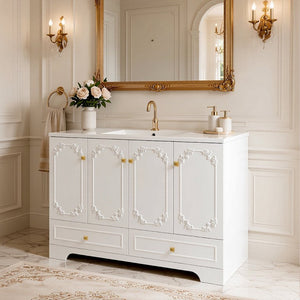 English Elm 48White French Carved Bathroom Vanity with Floral Engravings Gold Accents and Soft Close Storage W3133S00041
