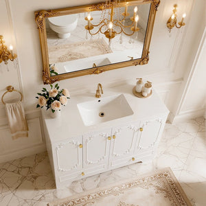 English Elm 48White French Carved Bathroom Vanity with Floral Engravings Gold Accents and Soft Close Storage W3133S00041