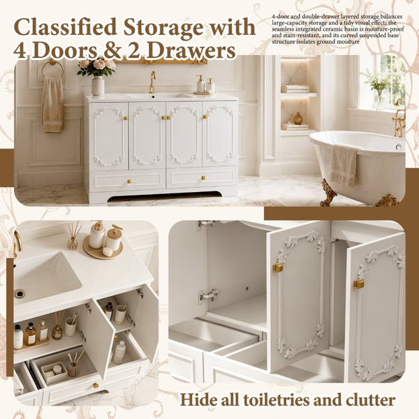 English Elm 48White French Carved Bathroom Vanity with Floral Engravings Gold Accents and Soft Close Storage W3133S00041
