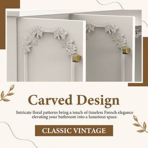 English Elm 48White French Carved Bathroom Vanity with Floral Engravings Gold Accents and Soft Close Storage W3133S00041