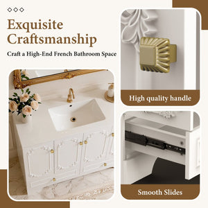 English Elm 48White French Carved Bathroom Vanity with Floral Engravings Gold Accents and Soft Close Storage W3133S00041