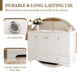 English Elm 48White French Carved Bathroom Vanity with Floral Engravings Gold Accents and Soft Close Storage W3133S00041