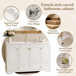English Elm 48White French Carved Bathroom Vanity with Floral Engravings Gold Accents and Soft Close Storage W3133S00041