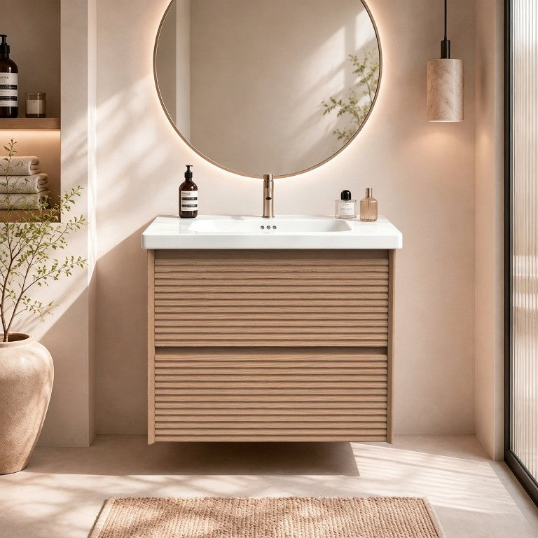 English Elm Wall Mounted Floating Wood Bathroom Vanity with Ceramic Sink and Soft Close Drawers W3133S00042