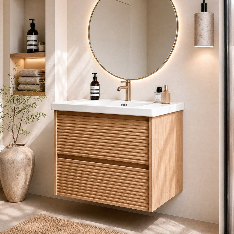 English Elm Wall Mounted Floating Wood Bathroom Vanity with Ceramic Sink and Soft Close Drawers W3133S00042