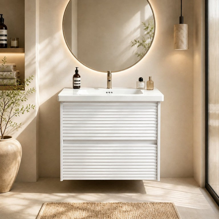 English Elm Wall Mounted Floating Bathroom Vanity with Ceramic Sink Soft Close Drawers Modern White W3133S00043