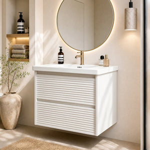 English Elm Wall Mounted Floating Bathroom Vanity with Ceramic Sink Soft Close Drawers Modern White W3133S00043