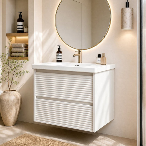 English Elm Wall Mounted Floating Bathroom Vanity with Ceramic Sink Soft Close Drawers Modern White W3133S00043