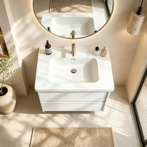 English Elm Wall Mounted Floating Bathroom Vanity with Ceramic Sink Soft Close Drawers Modern White W3133S00043
