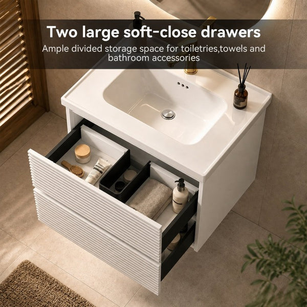 English Elm Wall Mounted Floating Bathroom Vanity with Ceramic Sink Soft Close Drawers Modern White W3133S00043