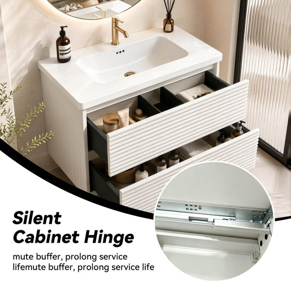 English Elm Wall Mounted Floating Bathroom Vanity with Ceramic Sink Soft Close Drawers Modern White W3133S00043