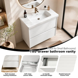 English Elm Wall Mounted Floating Bathroom Vanity with Ceramic Sink Soft Close Drawers Modern White W3133S00043
