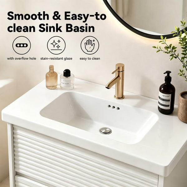 English Elm Wall Mounted Floating Bathroom Vanity with Ceramic Sink Soft Close Drawers Modern White W3133S00043