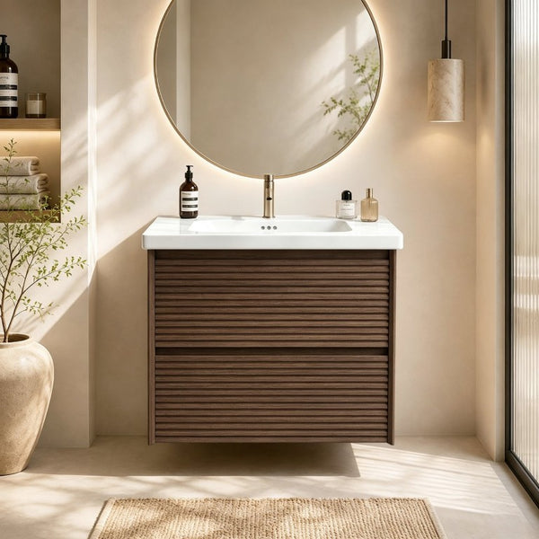 English Elm Wall Mounted Floating Bathroom Vanity with Ceramic Sink Soft Close Drawers Modern Walnut W3133S00044