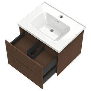 English Elm Wall Mounted Floating Bathroom Vanity with Ceramic Sink Soft Close Drawers Modern Walnut W3133S00044