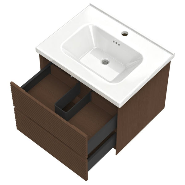 English Elm Wall Mounted Floating Bathroom Vanity with Ceramic Sink Soft Close Drawers Modern Walnut W3133S00044