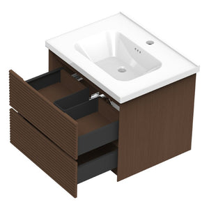 English Elm Wall Mounted Floating Bathroom Vanity with Ceramic Sink Soft Close Drawers Modern Walnut W3133S00044