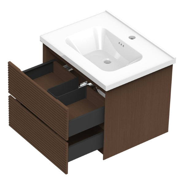 English Elm Wall Mounted Floating Bathroom Vanity with Ceramic Sink Soft Close Drawers Modern Walnut W3133S00044