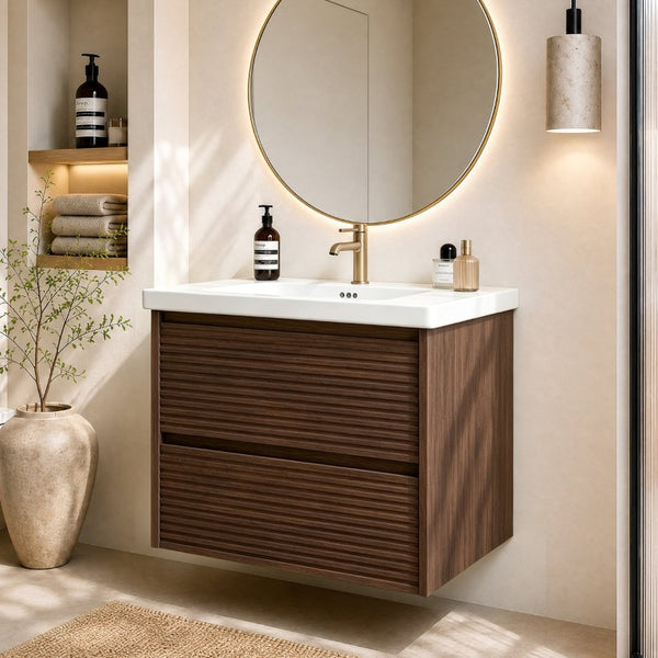 English Elm Wall Mounted Floating Bathroom Vanity with Ceramic Sink Soft Close Drawers Modern Walnut W3133S00044