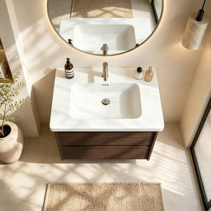 English Elm Wall Mounted Floating Bathroom Vanity with Ceramic Sink Soft Close Drawers Modern Walnut W3133S00044